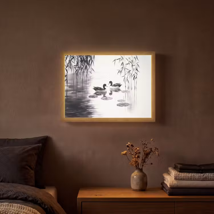 Eenden - Waterlelies - Riet - Zwart Light Box met batterij (Wandlamp) middel -sfeer4