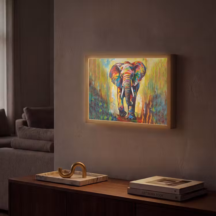 Olifant - Kunst - Schilderij - Dieren - Regenboog Light Box met batterij (Wandlamp) middel -sfeer1