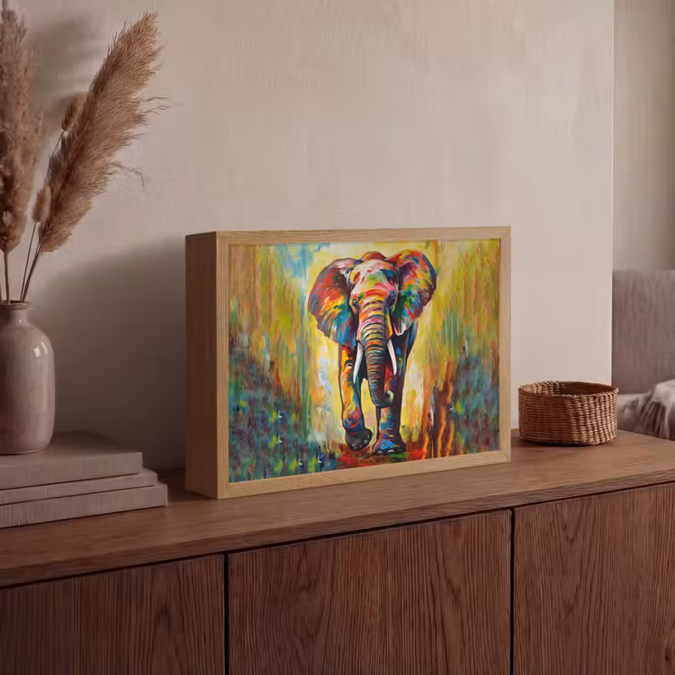 Olifant - Kunst - Schilderij - Dieren - Regenboog Light Box met batterij (Wandlamp) middel -sfeer2