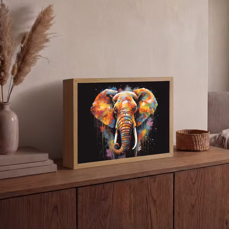 Olifant - Graffiti - Zwart - Dieren - Kleuren Light Box met batterij (Wandlamp) middel -sfeer2
