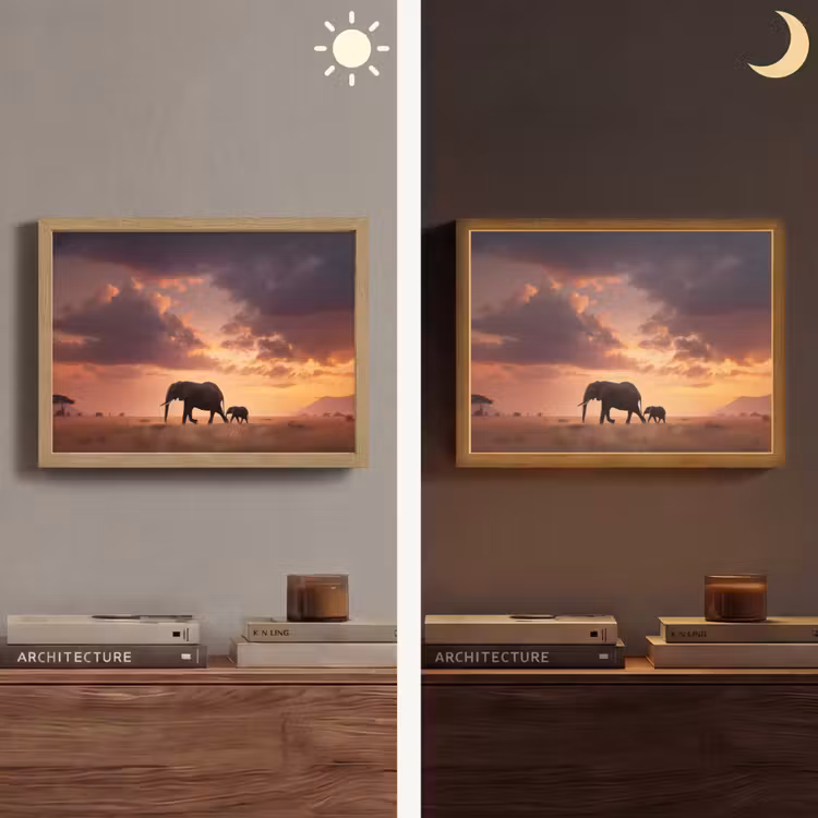 Olifanten - Grasland - Zonsondergang Light Box met batterij (Wandlamp) middel -sfeer3