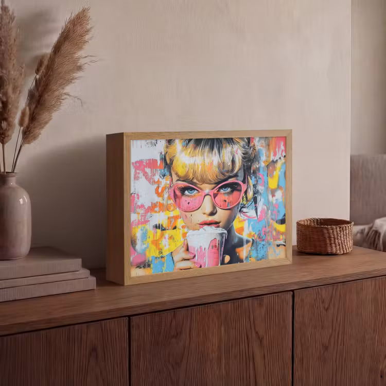 Expressief - Milkshake - Vrouw - Felle kleuren Light Box met batterij (Wandlamp) middel -sfeer2