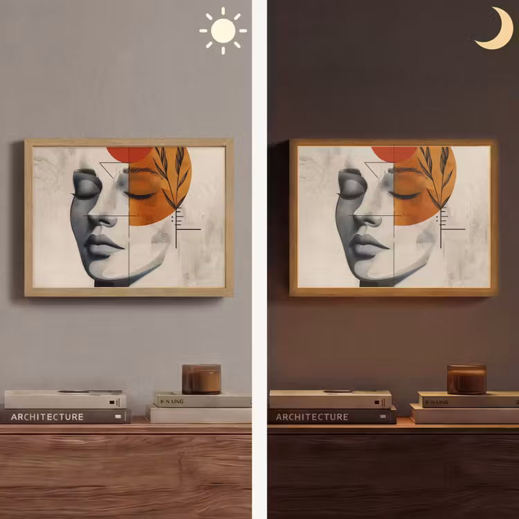 Gezicht - Cirkels - Kunst - Modern Light Box met batterij (Wandlamp) middel -sfeer3