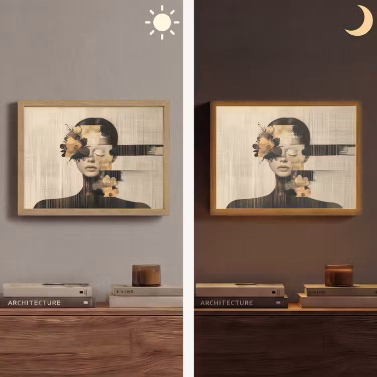 Gezicht - Bloemen - Zwart - Vrouw Light Box met batterij (Wandlamp) middel -sfeer3