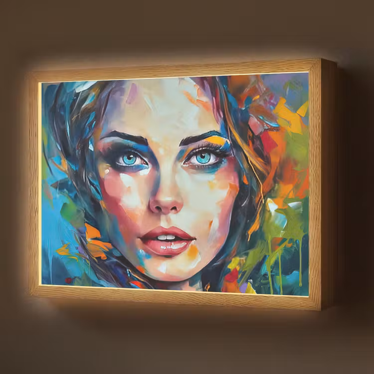 Gezicht - Vrouw - Olieverf - Kleurrijk - Kunst Light Box met batterij (Wandlamp) middel -z3d_website