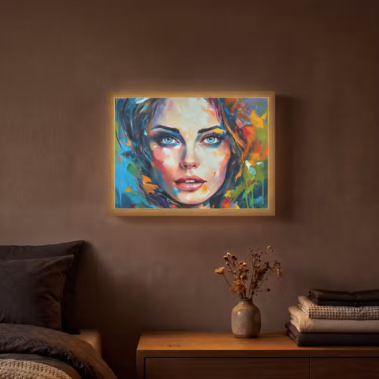 Gezicht - Vrouw - Olieverf - Kleurrijk - Kunst Light Box met batterij (Wandlamp) middel -sfeer4