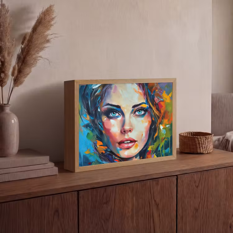 Gezicht - Vrouw - Olieverf - Kleurrijk - Kunst Light Box met batterij (Wandlamp) middel -sfeer2