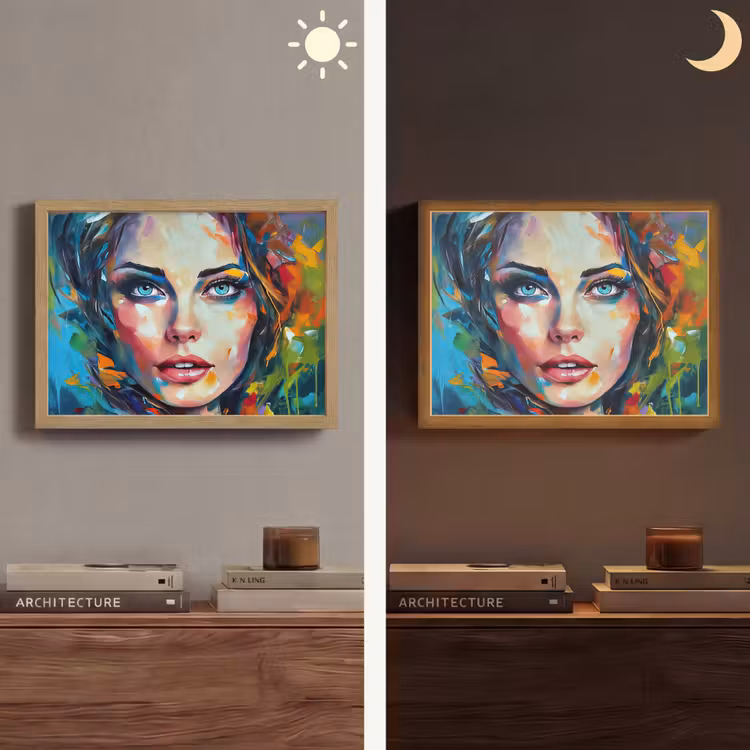 Gezicht - Vrouw - Olieverf - Kleurrijk - Kunst Light Box met batterij (Wandlamp) middel -sfeer3