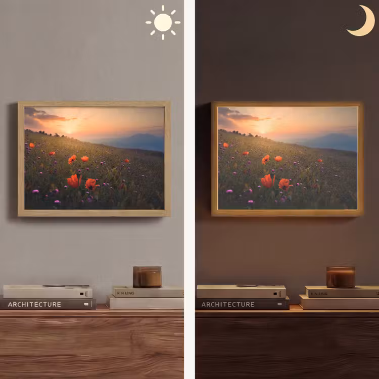 Bloemenveld - Gras - Bloemen - Planten - Zonsondergang - Oranje Light Box met batterij (Wandlamp) middel -sfeer3