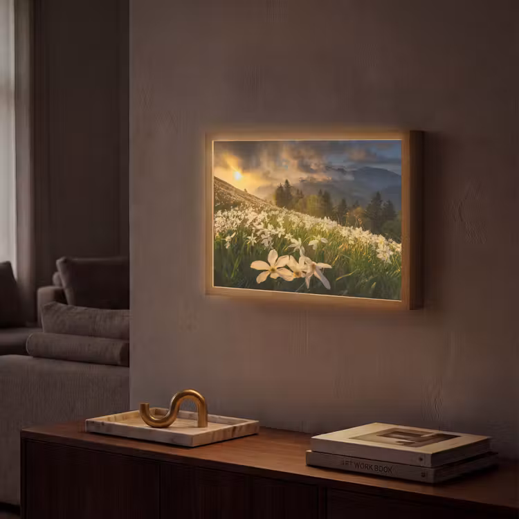 Bloemenveld - Heuvels - Zonsondergang - Berg - Natuur - Wit - Heuvels Light Box met batterij (Wandlamp) middel -sfeer1