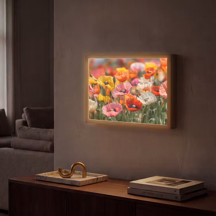 Bloemenveld - Klaprozen - Kleurrijk Light Box met batterij (Wandlamp) middel -sfeer1