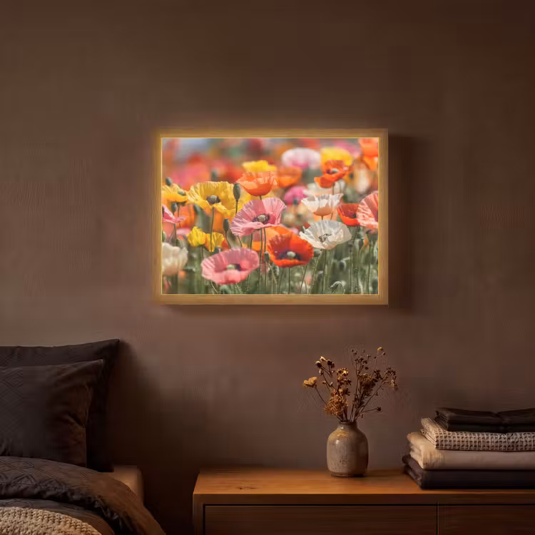 Bloemenveld - Klaprozen - Kleurrijk Light Box met batterij (Wandlamp) middel -sfeer4