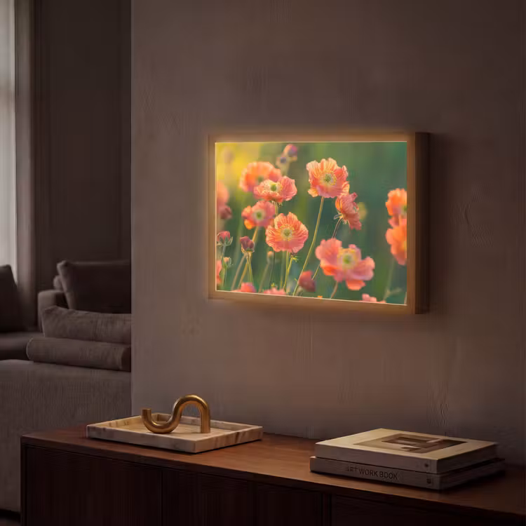 Bloemenveld - Zonnestralen - Oranje Light Box met batterij (Wandlamp) middel -sfeer1