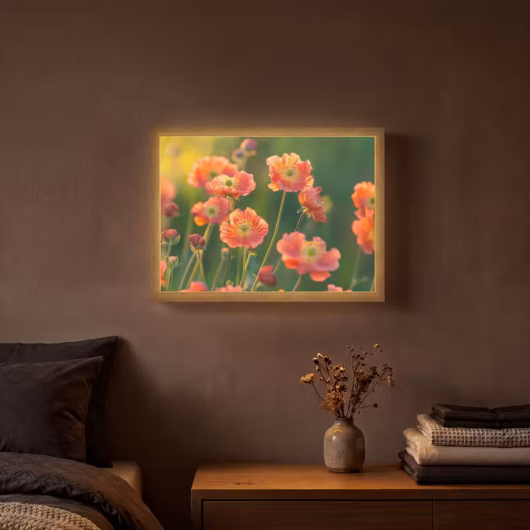 Bloemenveld - Zonnestralen - Oranje Light Box met batterij (Wandlamp) middel -sfeer4