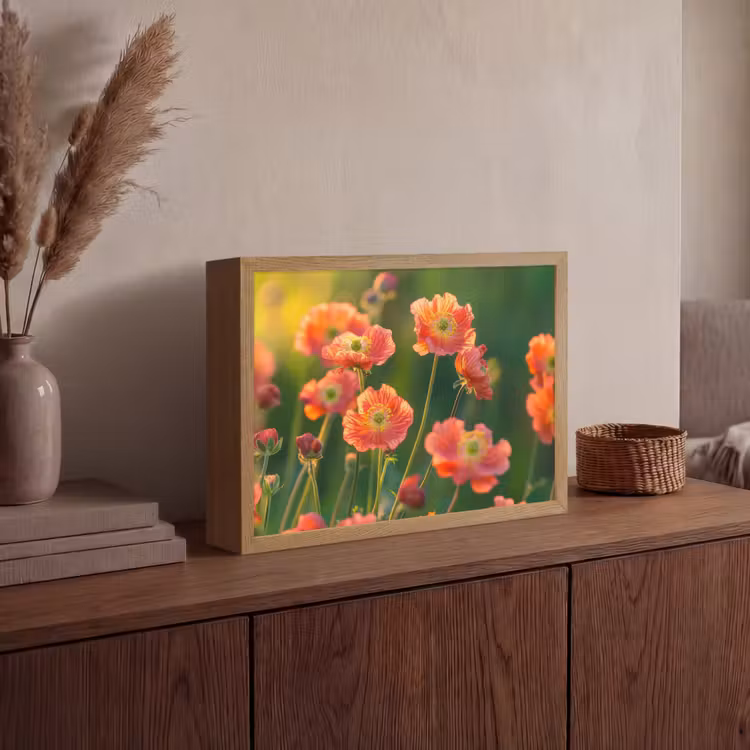 Bloemenveld - Zonnestralen - Oranje Light Box met batterij (Wandlamp) middel -sfeer2