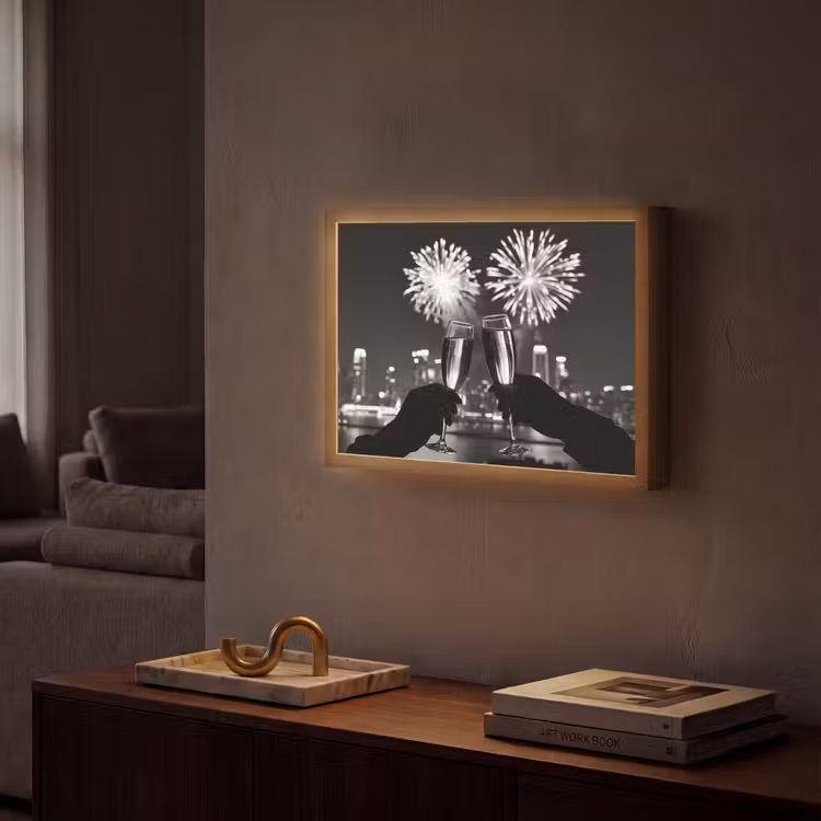 Vuurwerk - Proosten - Skyline - Champagne Light Box met batterij (Wandlamp) middel -sfeer1
