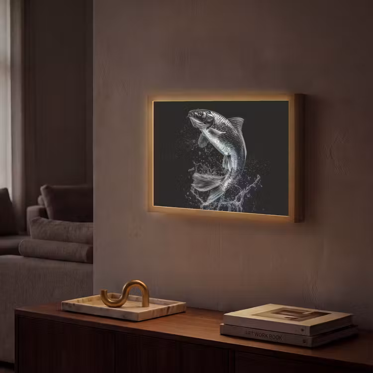 Vis - Koi - Zwart - Water Light Box met batterij (Wandlamp) middel -sfeer1
