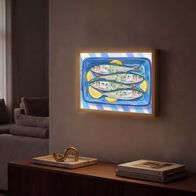 Vis - Citroen - Kruiden - Eten - Blauw Light Box met batterij (Wandlamp) middel -sfeer1