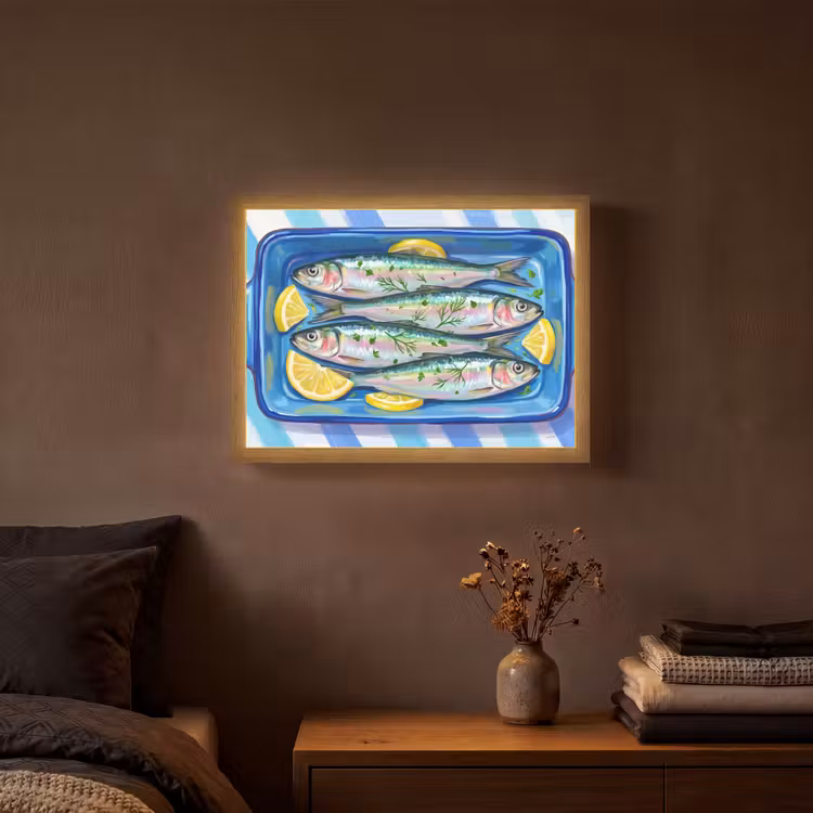 Vis - Citroen - Kruiden - Eten - Blauw Light Box met batterij (Wandlamp) middel -sfeer4
