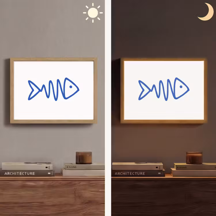 Vis - Minimalistisch - Blauw - Lijn Light Box met batterij (Wandlamp) middel -sfeer3