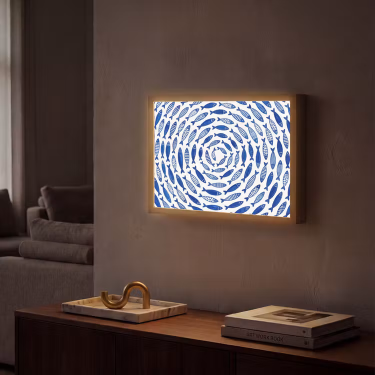 Vis - Patroon - Onderwater - Abstract - Blauw Light Box met batterij (Wandlamp) middel -sfeer1