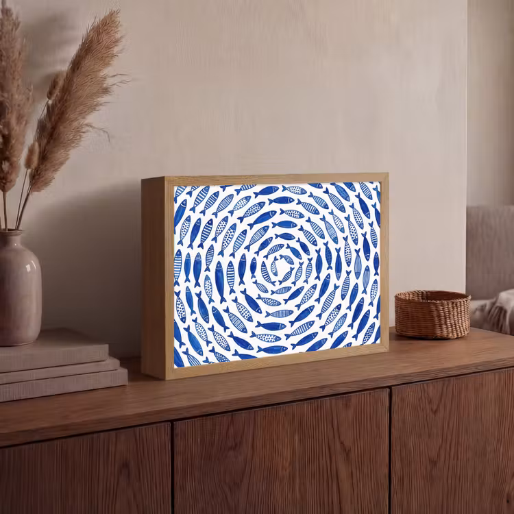 Vis - Patroon - Onderwater - Abstract - Blauw Light Box met batterij (Wandlamp) middel -sfeer2