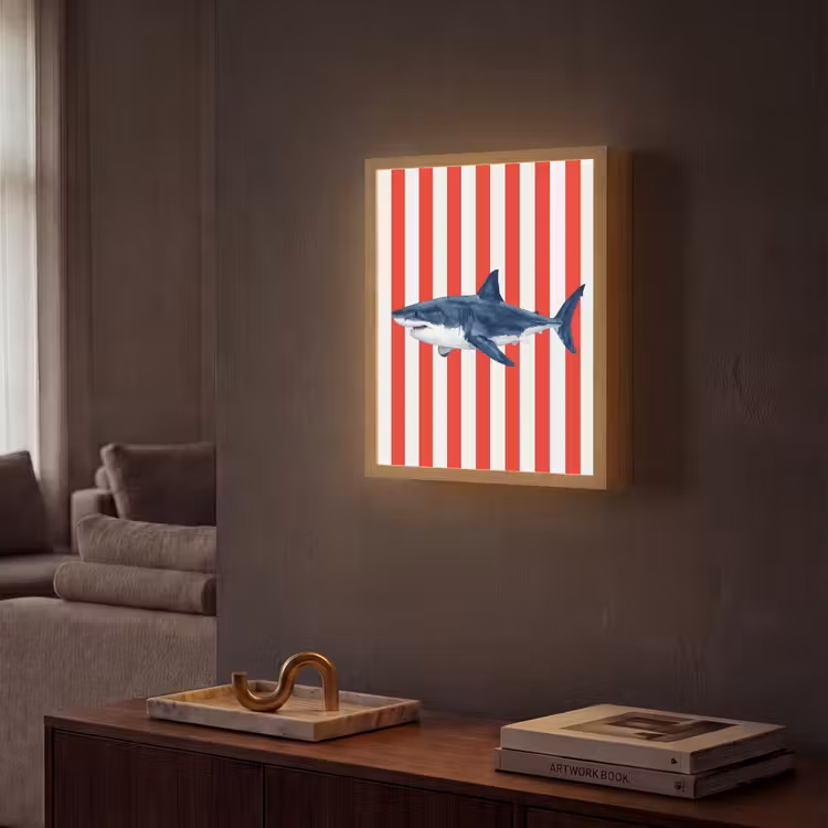 Vis - Haai - Zee - Illustratie - Blauw Light Box met batterij (Wandlamp) middel -sfeer1