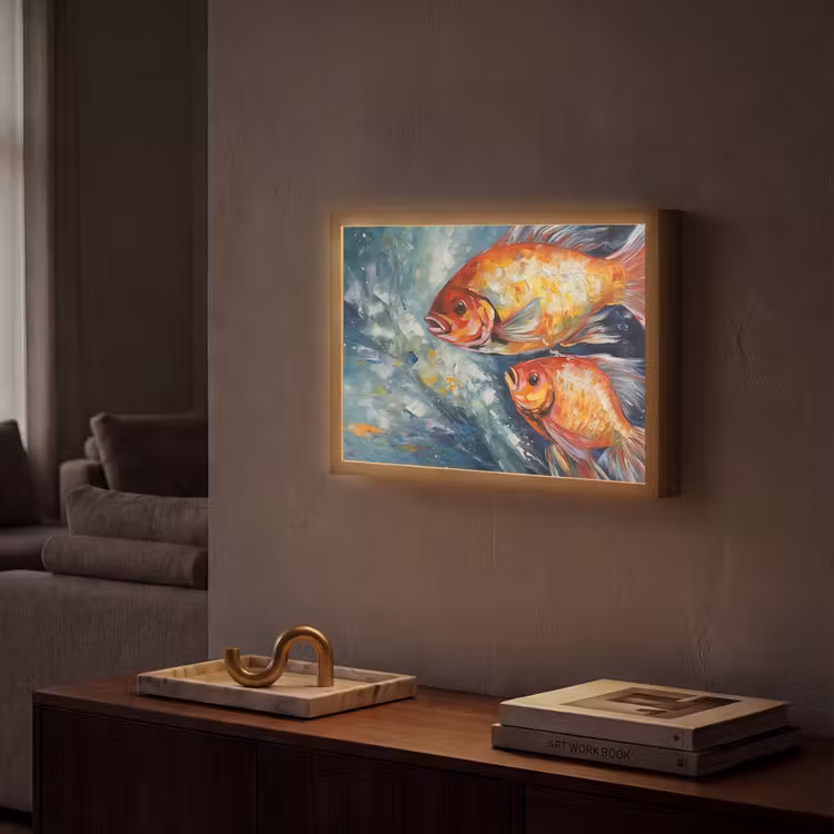 Vissen - Water - Dieren - Kunst - Olieverf Light Box met batterij (Wandlamp) middel -sfeer1