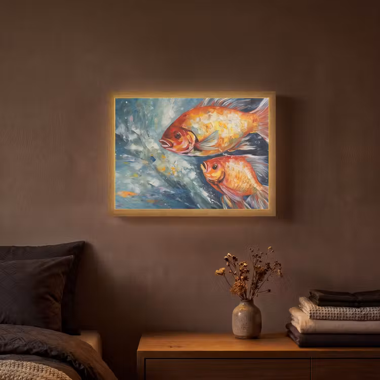 Vissen - Water - Dieren - Kunst - Olieverf Light Box met batterij (Wandlamp) middel -sfeer4
