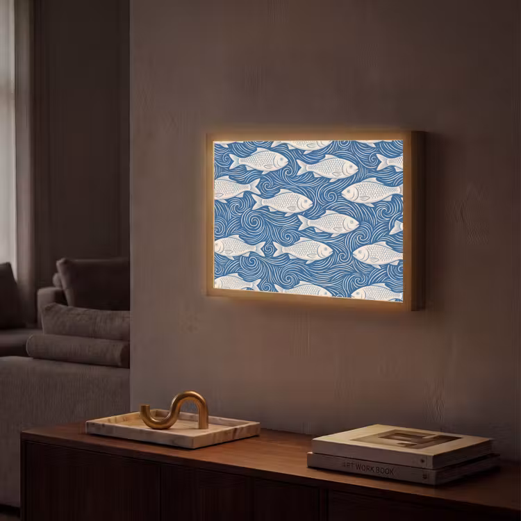 Vis - Water - Patroon - Grafisch - Blauw Light Box met batterij (Wandlamp) middel -sfeer1