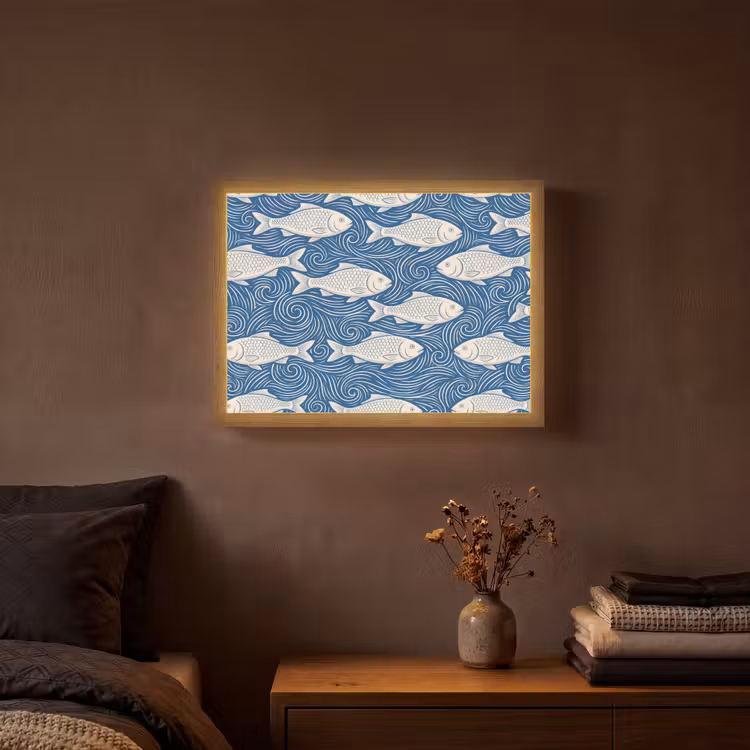Vis - Water - Patroon - Grafisch - Blauw Light Box met batterij (Wandlamp) middel -sfeer4