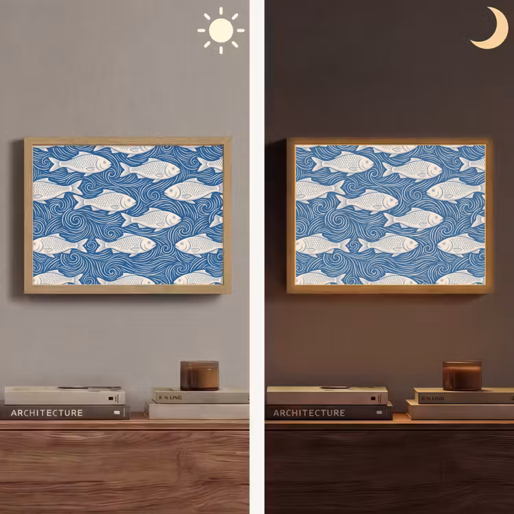 Vis - Water - Patroon - Grafisch - Blauw Light Box met batterij (Wandlamp) middel -sfeer3