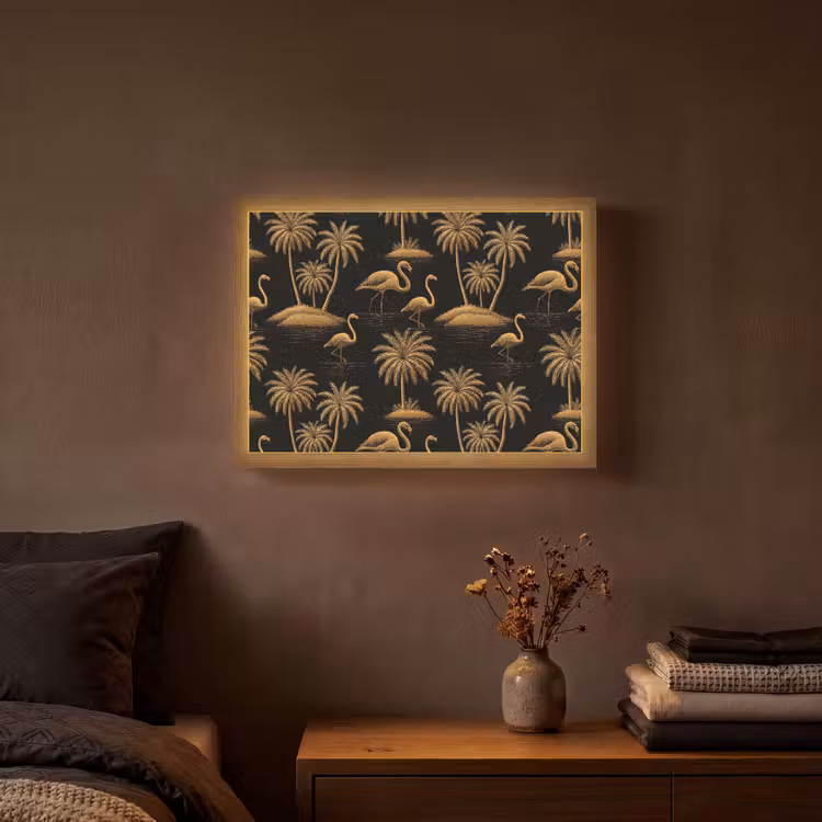 Flamingo - Palmbomen - Tropisch - Goud - Zwart Light Box met batterij (Wandlamp) middel 907 -sfeer4