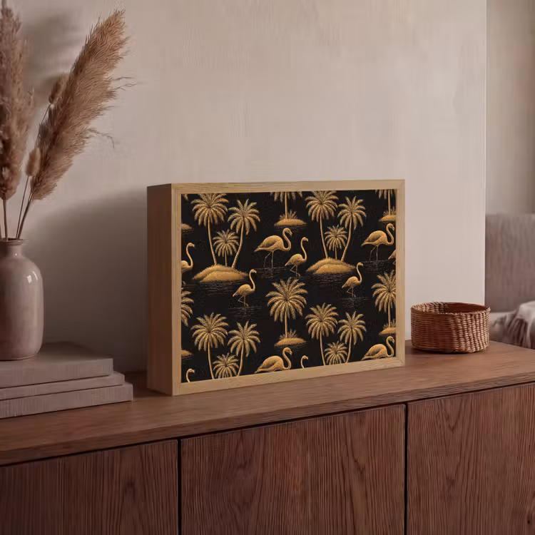 Flamingo - Palmbomen - Tropisch - Goud - Zwart Light Box met batterij (Wandlamp) middel 907 -sfeer2