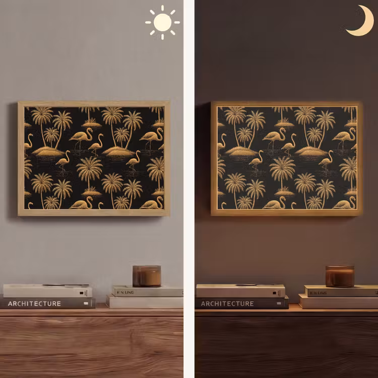 Flamingo - Palmbomen - Tropisch - Goud - Zwart Light Box met batterij (Wandlamp) middel 907 -sfeer3