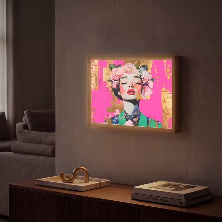 Bloemenkroon - Goud - Vrouw - Portret Light Box met batterij (Wandlamp) middel -sfeer1