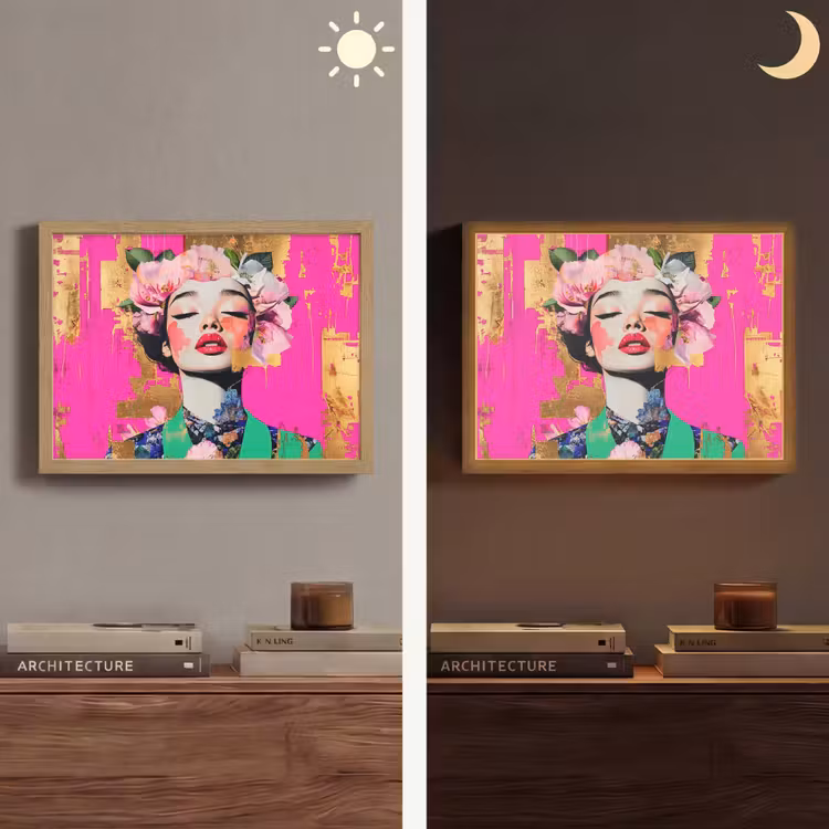 Bloemenkroon - Goud - Vrouw - Portret Light Box met batterij (Wandlamp) middel -sfeer3
