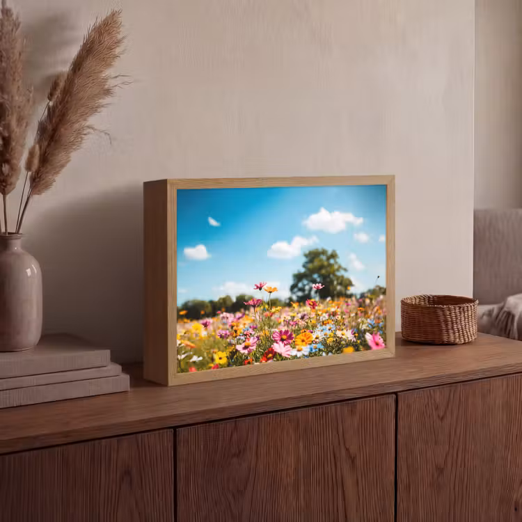 Bloemenweide - Blauw - Lucht - Kleuren Light Box met batterij (Wandlamp) middel -sfeer2