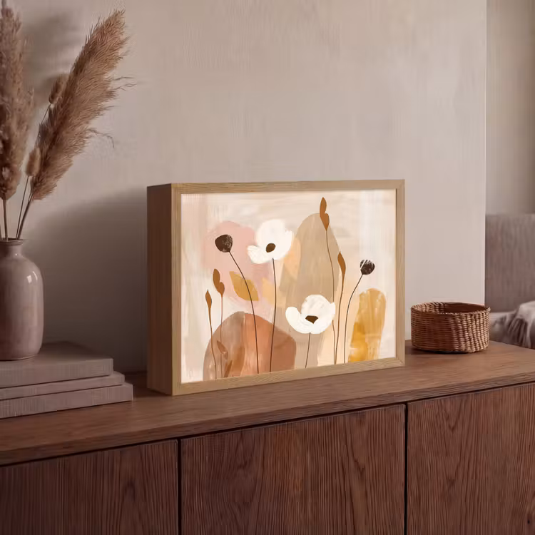 Bloemen - Abstract - Beige - Line art Light Box met batterij (Wandlamp) middel -sfeer2