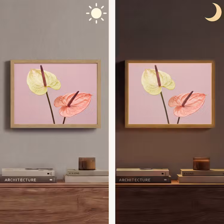Bloemen - Anthuriums - Geel - Roze Light Box met batterij (Wandlamp) middel -sfeer3