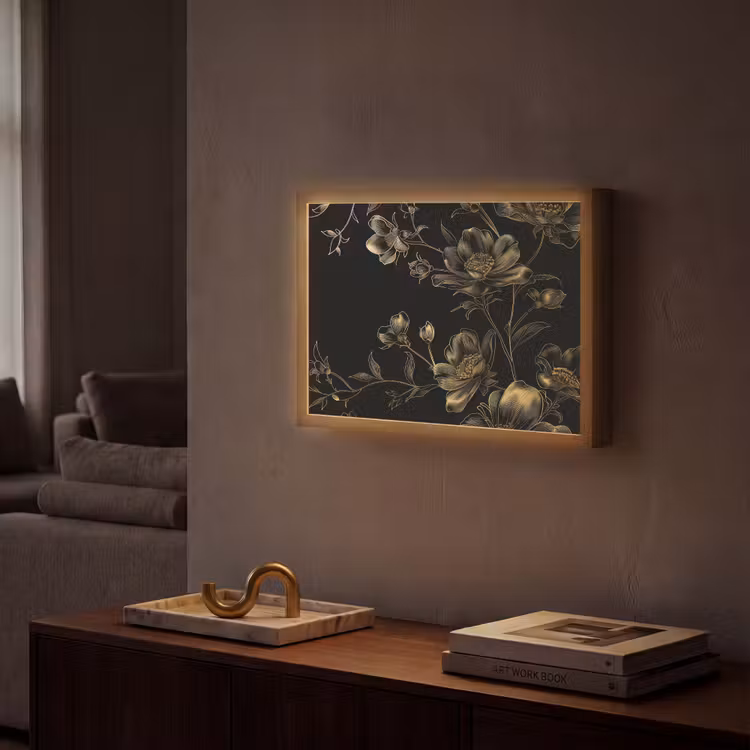 Bloemen - Zwart - Goud - Line art Light Box met batterij (Wandlamp) middel -sfeer1