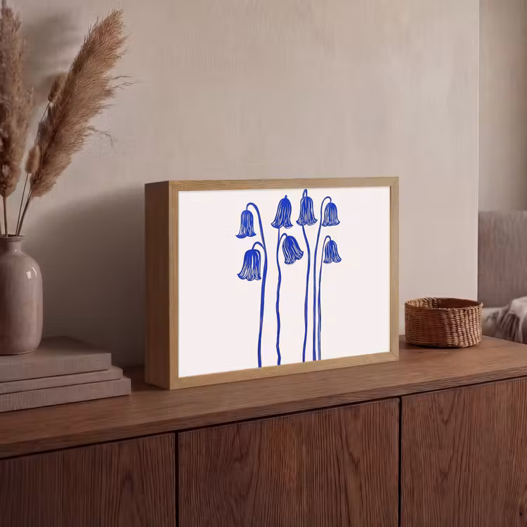 Bloemen - Blauw - Lijnen - Bloemblaadjes Light Box met batterij (Wandlamp) middel -sfeer2