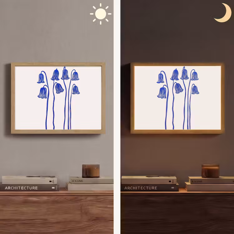 Bloemen - Blauw - Lijnen - Bloemblaadjes Light Box met batterij (Wandlamp) middel -sfeer3