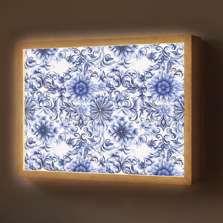 Bloemen - Blauw - Patroon - Wit Light Box met batterij (Wandlamp) middel 907 -z3d_website