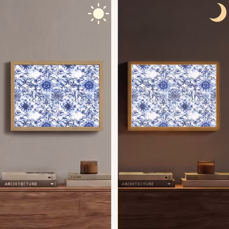 Bloemen - Blauw - Patroon - Wit Light Box met batterij (Wandlamp) middel 907 -sfeer3