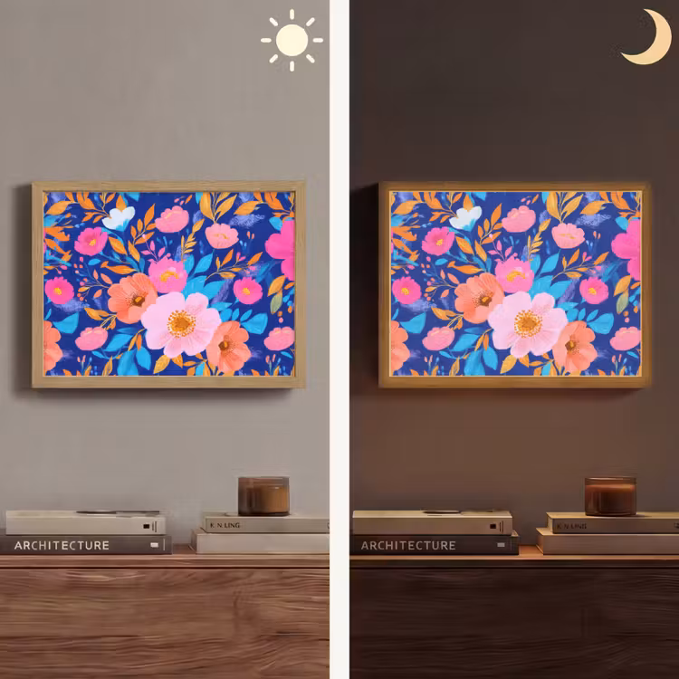 Bloemen - Blauw - Roze Light Box met batterij (Wandlamp) middel -sfeer3