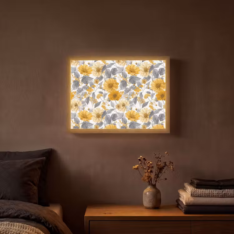 Bloemen - Botanisch - Elegant - Okergeel - Grijs Light Box met batterij (Wandlamp) middel 907 -sfeer4