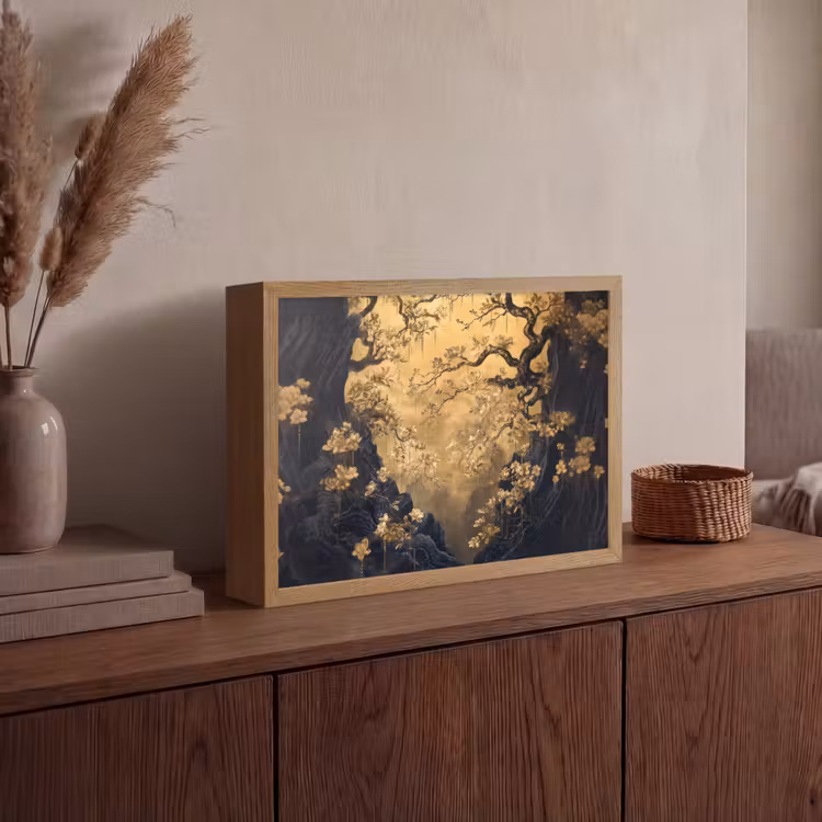 Bloemen - Takken - Goud - Sierlijk Light Box met batterij (Wandlamp) middel -sfeer2