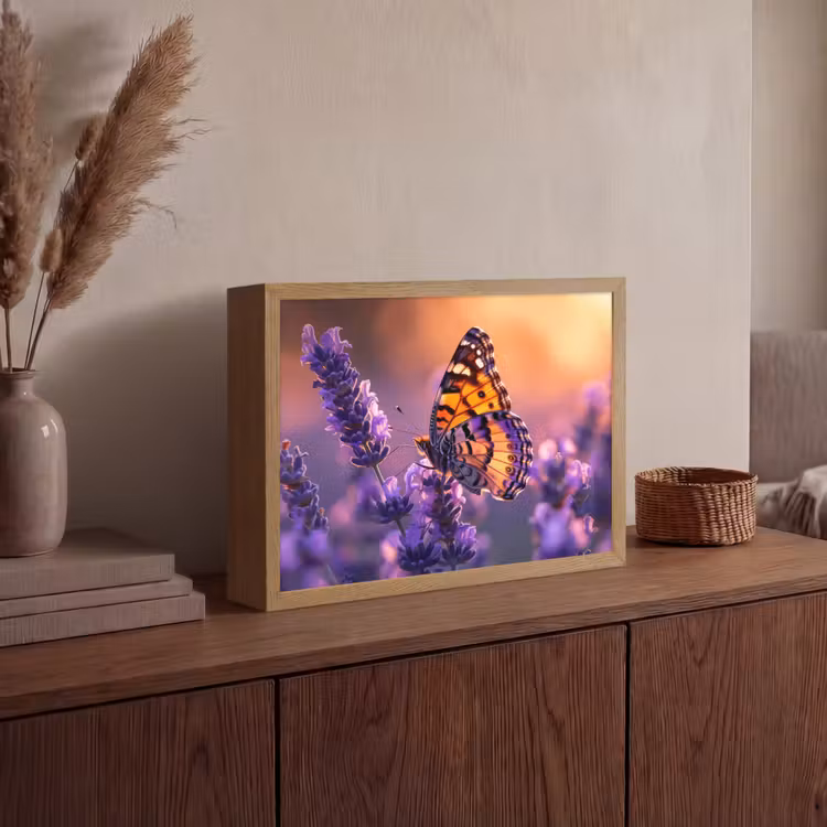 Bloemen - Vlinder - Lavendel - Bloem - Natuur Light Box met batterij (Wandlamp) middel -sfeer2