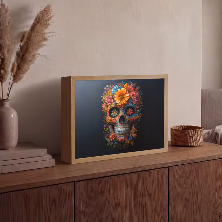 Bloemen - Kleurrijk - Schedel Light Box met batterij (Wandlamp) middel -sfeer2